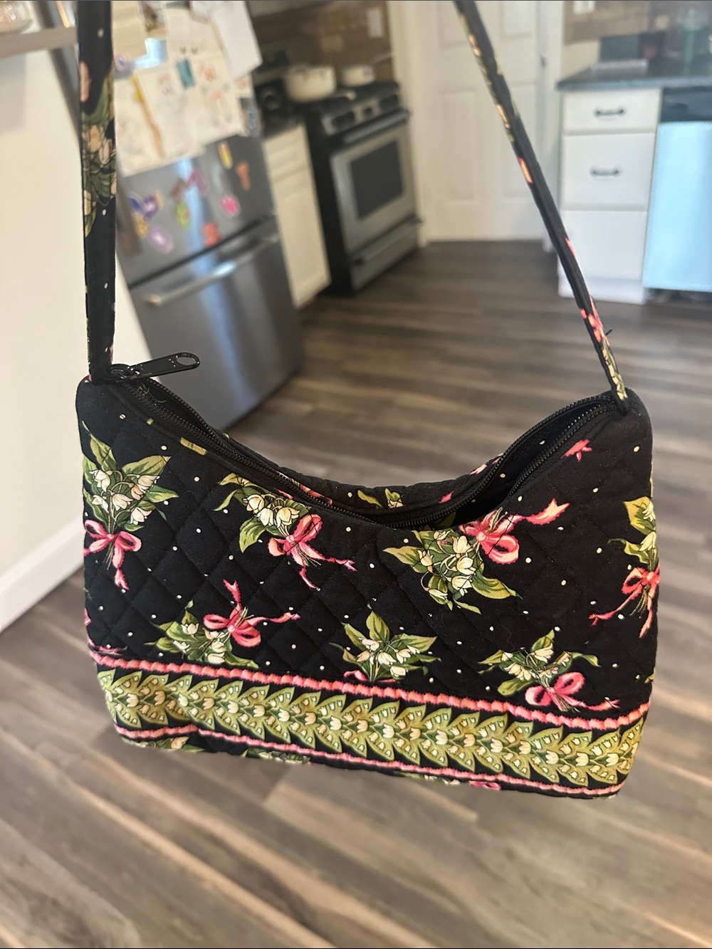Vera Bradley Black Quilted Floral Shoulder Bag with Pink & Green Accents